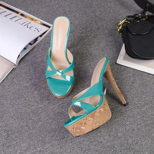 Image of Esvowido Heeled Mules for Women Cork Platform Stiletto Heels Slip on Open Toe High Heeled Sandals Crisscross Slippers Pumps Shoes