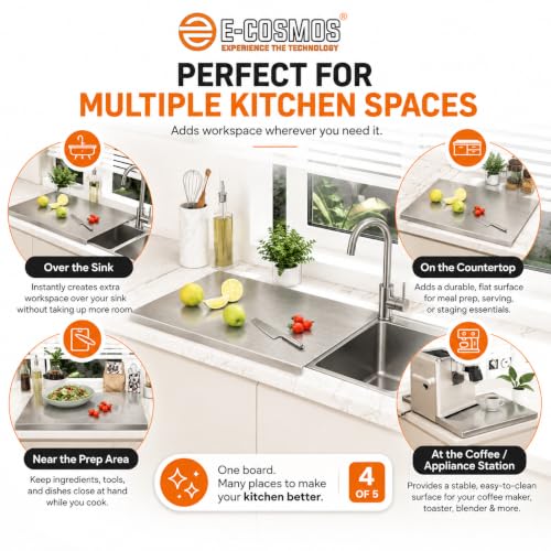 Image of E-COSMOS Large Stainless Steel Cutting Board for Kitchen,Chopping Board for Meat, Vegetables & Fruit, Extra Large Heavy Duty Countertop Surface, Easy to Clean & Durable