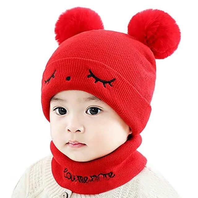 Image of F Y V Baby Kids Winter Beanie Cap with Warm Knitted Woollen Fur Lined Hat for Boys and Girls Age 1 to 6 Years Soft Stretchable Winter Cap Ear Cover