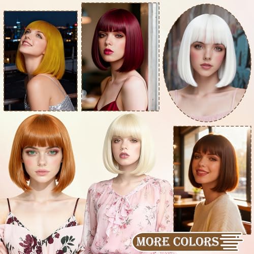 Image of PLULON Light Brown Short Bob Wig with Bangs for Women, Colorful Neon Short Bob Synthetic Hair Wigs with Hair Cap Heart Sunglasses for Adults Daily Bachelorette Halloween Costume Party Supplies