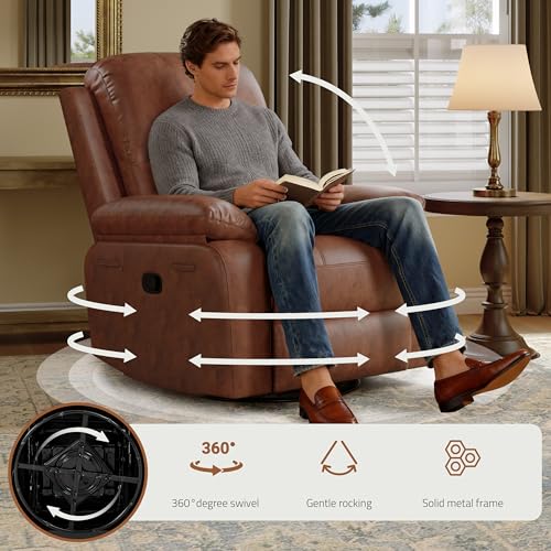 Image of Leather Swivel Rocker Recliner Chair Set of 2, Traditional Manual Chair, Upholstered Nursery Glider Rocking Recliner, Faux Leather Single Sofa with Pocket Spring for Living Room, Camel