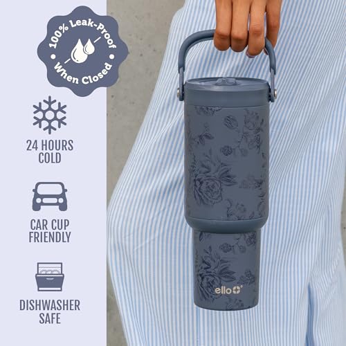 Image of Ello Oasis Go+ 32oz Tumbler with Top Handle and Retracting Straw | Reusable Insulated Stainless Cup, 100% Leakproof Water Bottle, 24 Hours Cold, Cup Holder Friendly For Travel | Porcelain Rose Navy