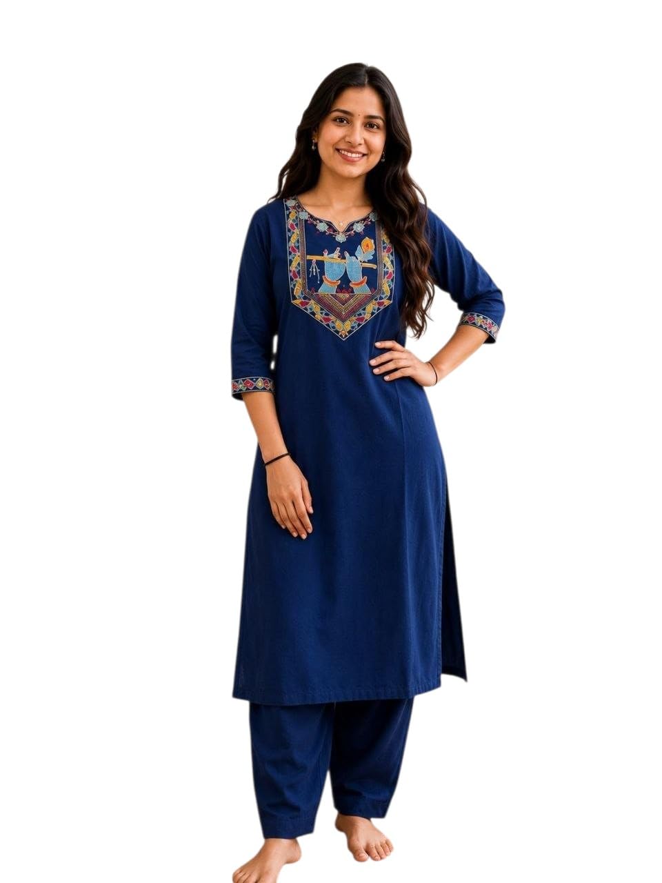 Women’s Thread Embroidery Work Bansuri Design on Neck Kurti Pant Set-picture-17