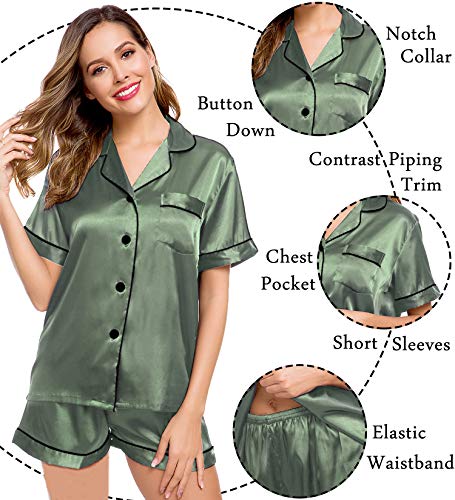 Image of LecGee Womens Silk Satin Pajamas Short Sleeve Loungewear Two-Piece Sleepwear Button-Down Pj Set