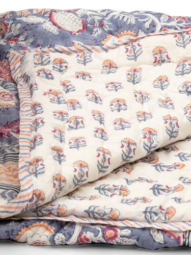 Image of Zuhur Jaipuri Double Bed Comforter | 100% Cotton Reversible AC Comforter Blanket Quilt Razai | Winter Summer All Season Dohar | Skin-Friendly Bedding | Handblock Printed Gift for Home Decor