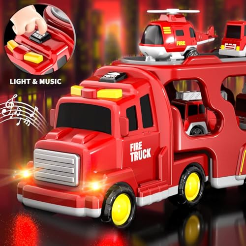 Image of Mini Explorer 5-in-1 Fire Truck Toy Set for Kids | Fire Car Carrier Vehicle with Lights & Sound | Emergency Rescue Transport Toy for Toddlers Girls Boys Ages 1-6 Years, Red