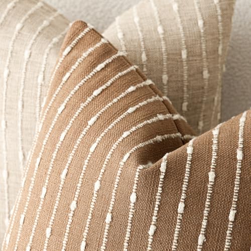 Image of Foindtower Pack of 2 Decorative Jacquard Boucle Throw Pillow Covers Accent Textured Striped Pillowcases Soft Boho Modern Cushion for Couch Sofa Bedroom Living Room Home Decor 20x20 Inch Rust Tobacco