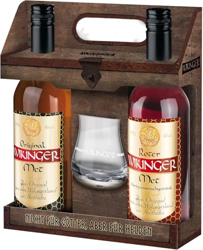 Wikinger Met Lagerfeuer-Set (2 x 0,75 L) inkl. Haithabu-Glas – Original & Roter Met Honigwein – Honigmet ideal pur, als Aperitif oder Heißgetränk – 11 & 6 % Vol. Met