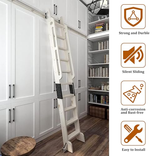 Kit di scale retrattili per casa, ufficio e biblioteca, in acciaio argentato, con binario scorrevole e ruote a rulli per pavimento (100 cm), scale non incluse