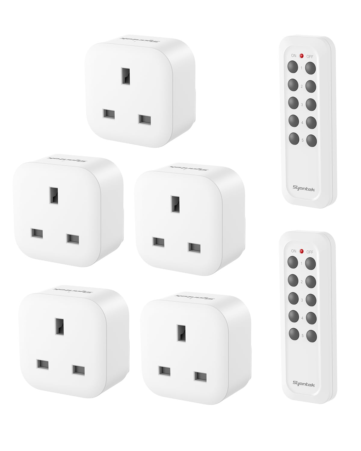 Syantek Remote Control Plug Socket Set UK, Wireless Remote Power Switch with 5 Sockets, 13A/3120W, 40m Range, for Lamps, Heaters, Christmas Lights