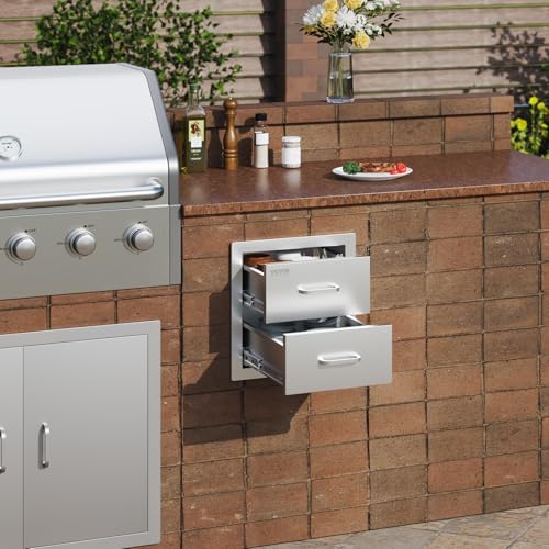 Image of VEVOR Outdoor Kitchen Cabinets 14W x 14.3H x 23D Inch, BBQ Island Drawers Stainless Steel, Flush Mount Double with Handle, BBQ Island for Outdoor Kitchens or Grill Station