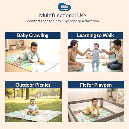 Image of Kids Station Double-Sided Waterproof Baby Playmat - Foldable, Portable & Reversible Foam Mat for Infants, Toddlers & Kids - Soft, Non-Slip, Easy-to-Clean Baby Crawling Mat for Indoor /Outdoor Use (200x150x0.8cm, City & Rocket Print)