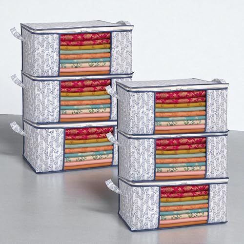 Image of Homestrap Set of 6 Heavy-Duty Clothes Storage Bag - 30L Capacity | Moistureproof & Dustproof Saree Cover Bags | Ideal Wardrobe Organizer for Sarees, Suits, Shirts, Kurtis & More - White