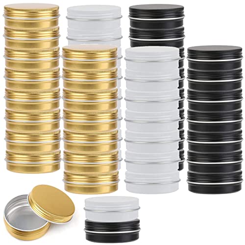 Tosnail 48 Pack 2 oz Round Tins with Screw Lids Lip Balm Tin Container Aluminum Empty Tins Cosmetic Containers Metal Storage Tin Jars - Black, White and Gold