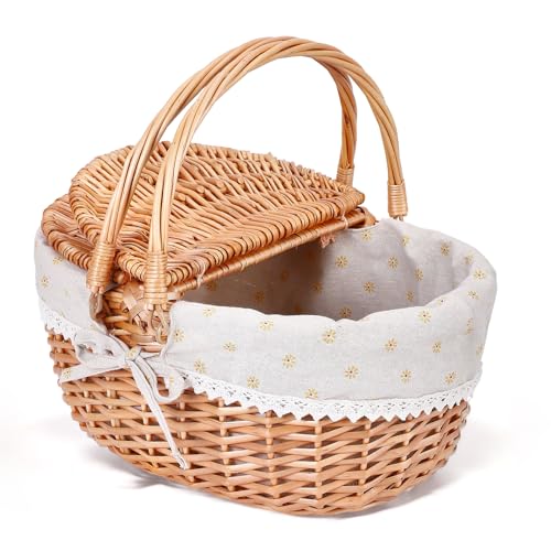 Panier de Pique-Nique en Osier, Panier Pique Niques avec Couvercle à Double Ouverture et Poignée...