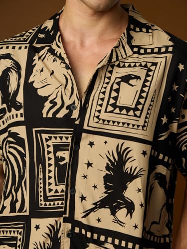 Image of The Souled Store Harry Potter: Magic Men and Boys Short Sleeves Collared Neck Button Front Beige and Black All Over Printed Regular Fit Viscose Holiday Shirts
