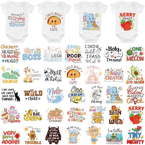 Image of Baby Iron on Transfers, 36 PCS Onesie Decorating Kit Baby Shower, Cute Animal Heat Transfer Stickers, Gender Reveal Patch, Iron on Decals for T Shirts Hoodie Bibs Bodysuit Clothing DIY Crafts