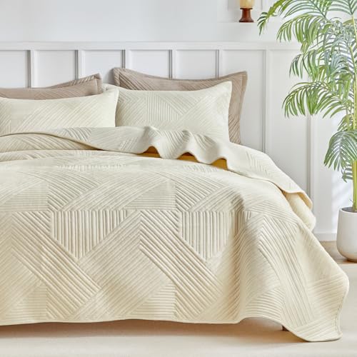 WARMDERN Ultrasonic Cream White Velvet Quilt Set King Size, Geome...