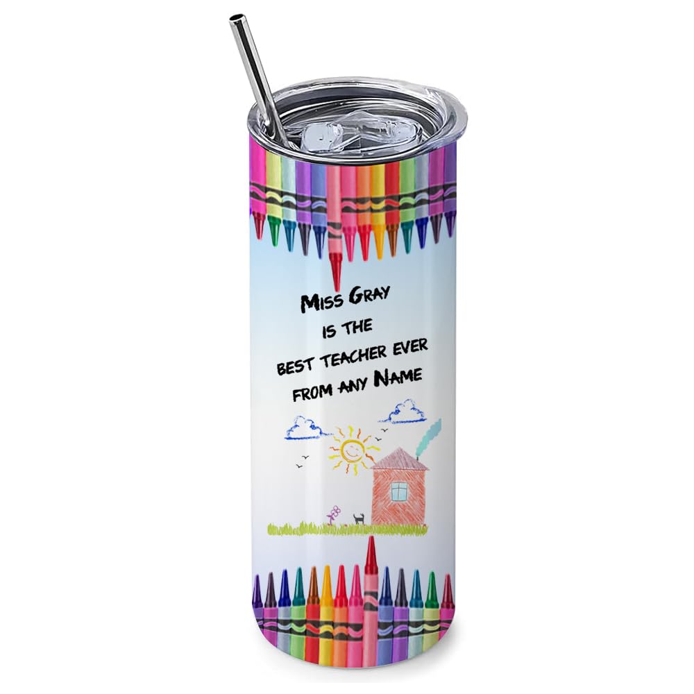 Getagift Teachers Gift, Personalised World Best Teacher, Crayons Designed Bottle, 20 OZ Stainless Steel Skinny Tumbler, Double Walled Vacuum Insulated with Closed Lid and Metal Straw.