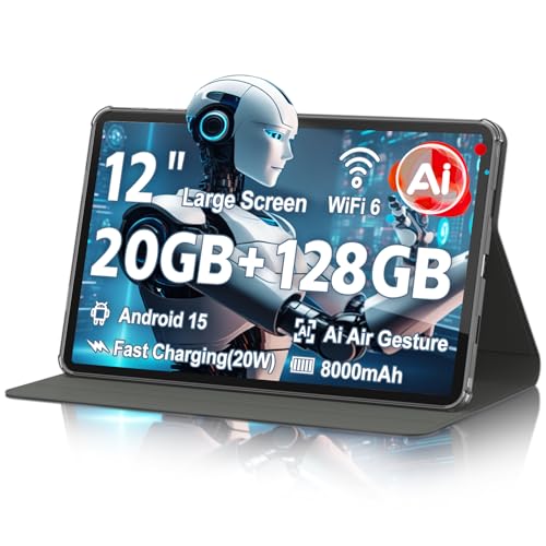 Image of Tablet, Android 15 Tablet, 20GB RAM 128GB ROM 2TB Expansion, A733 8-Core Processor, 12 inch Large Touch Screen 2K Display, 5MP+13MP Camera, WiFi6, 8000mAh Battery, Support 20W Fast Charge, Metal Grey