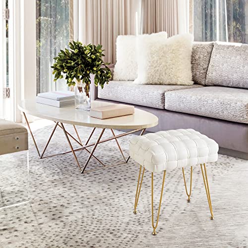 Faux Leather Vanity Stool, Upholstered Make Up Bench, Rectangle Ottoman Foot Stool, Vanity Chair Tufted Footrest Stool Makeup Stool With Gold Metal Legs For Living Room, Bedroom, Dressing Room, White #TOP3