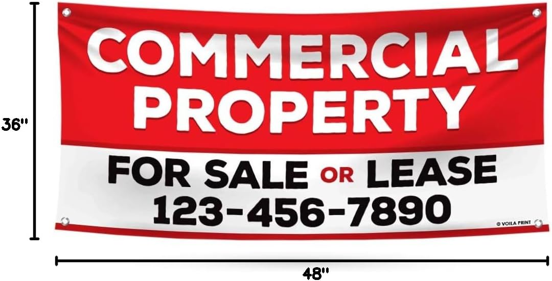 Commercial Property for Sale Or Lease Custom Banner Sign - 13 Oz Heavy Duty Waterproof Vinyl Banner for Business with Metal Grommets, VP5393 (36" x 48")