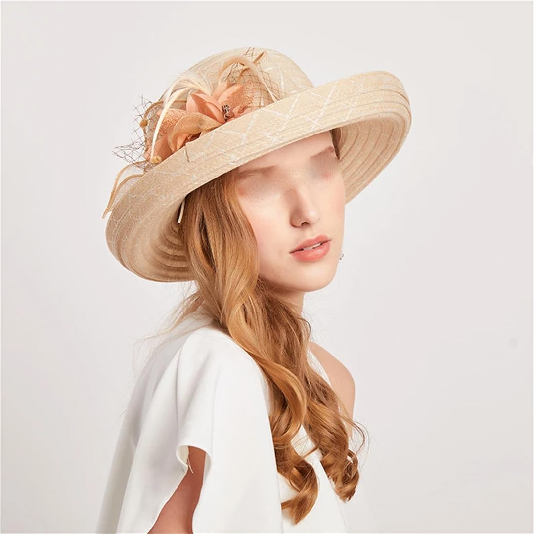 Yeuyyben Cappello da donna estivo elegante cappello da sole con fiore Fedora cappello da festa matrimonio chiesa cappelli cloche cappello a tesa larga spiaggia Cap