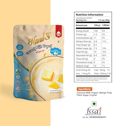 Image of HandS Dairy-Free Coconut Yogurt with Mango | Vegan & Plant-Based Yogurt Drink with Real Fruit Pulp & Palm Sugar | No Preservatives | 200g Cup (Pack of 1)