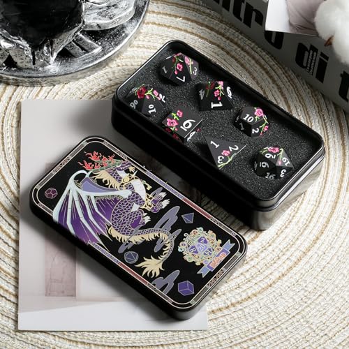 Metal Dice Set D&D, DNDND 7 PCS Flower Metallic DND Dice Set with Grogeous Gift Case for Dungeons and Dragon Tabletop Game (Matte Black with Pink Flower) - Thumbnail 3