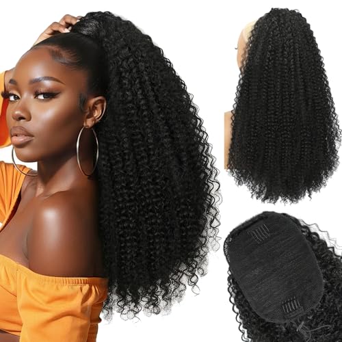 Drawstring Ponytail Extension for Black Women Long Kinky Curly Pony Tails Hair Extensions 22 Fluffy Natural Looking Synthetic Hairpiece for Daily Use (1B# 22 Inch)