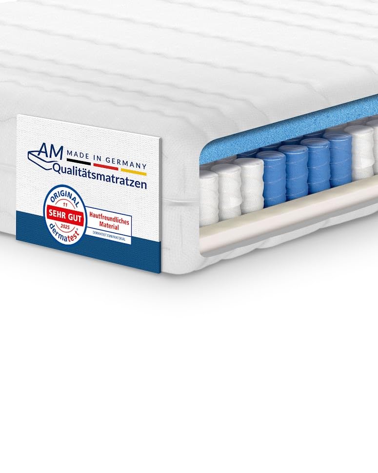 AM Qualitätsmatratzen Matelas à Ressorts ensachés 7 Zones 90x200cm Ferme - Fabriqué en Allemagne - Matelas Ergonomique avec Housse Lavable - Certifié...