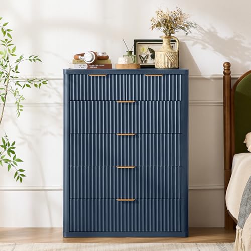 Image of LEYAOYAO Fluted 6 Drawers Dresser for Bedroom Set of 2, 42 inch Tall Modern Chest of Drawers with Metal Handle, Curved Profile Design,Wood Drawer Organizer for Bedroom, Living Room, Hallway,Blue