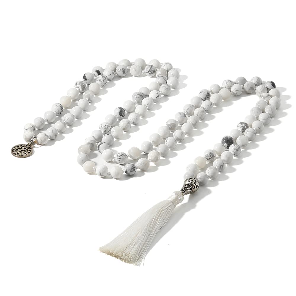 108 Mala Prayer Beads Necklace Natural Stones Meditation Yoga Jewery 108 Hand Knotted Japa Mala Beaded Long Tassel Necklace with Tree of Life Pendant for Men and Women