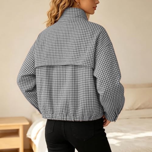 Cropped Jacket Women Stand Collar Gingham Coat Casual Zip Up Jacket - image 3