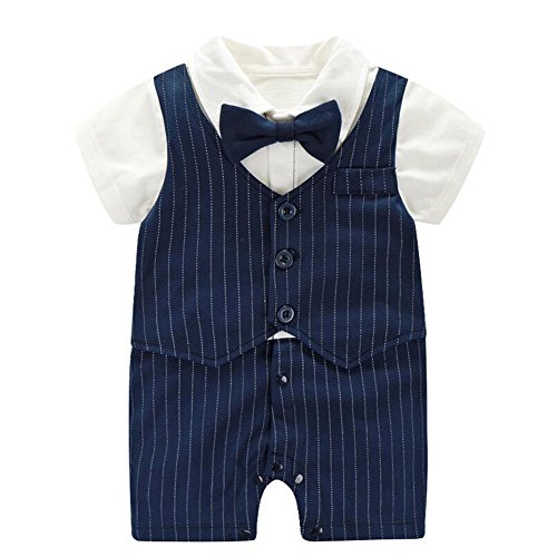 Fairy Baby Summer Baby Boy Gentleman Outfit Formal Short Sleeve Bowtie Tuxedo Dress Suit(9-12 Months, Navy Blue Stripe)