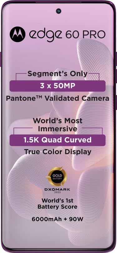Image of Motorola Edge 60 Pro 5G (Pantone Sparkling Grape, 12GB RAM, 256GB Storage) | Dimensity 8350, 6.7 inch 1.5K 120Hz Display, 50MP Triple Camera, 6000mAh Battery, 90W TurboPower, IP68 /IP69