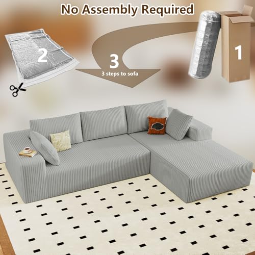 Image of 96 inch Modular Sectional Couch, Boneless L Shaped Cloud Sofa with Chaise Lounge, Corduroy Upholstered Couches Memory Foam Deep Seat, No Assembly Required, Ideal for Living Room(Light Gray, Right Facing)