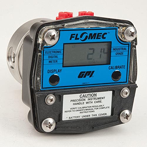 Angled view of the Flomec Oval Gear Flowmeter, showing the side and front display. The 3/8 FNPT fitting is visible on the right side.