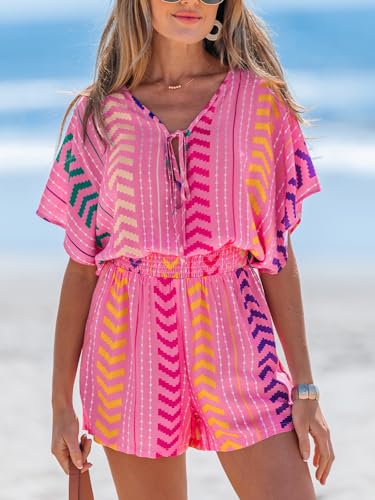 Image of CUPSHE Womens Summer Romper Short Sleeve Plunge V Front Tie Wide Leg Jumpsuit Elastic Waist Beach Workout Romper Outfits