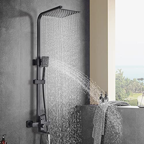 Cesinkin Colonne de Douche Noir brossé Système de Douche Étagère Douche Set kit de Douche Murale Solide Réglable Hauteur 750-1100mm avec Douchette