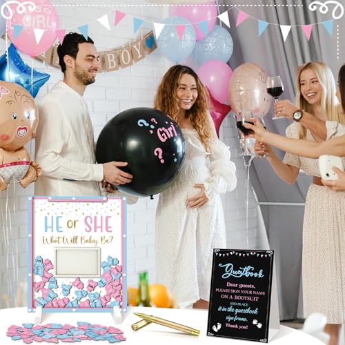 Image of Beeveer 65 Pcs Gender Reveal Baby Shower Guest Book Alternatives He or She Gender Reveal Decorations Sign in Guest Book with Picture Frame and 60 Wooden Chip for Baby Shower He or She Party Keepsake