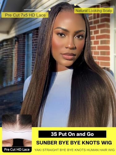 Image of Sunber Yaki Straight Ombre Chestnut Human Hair Wigs with Drawstring 18inch