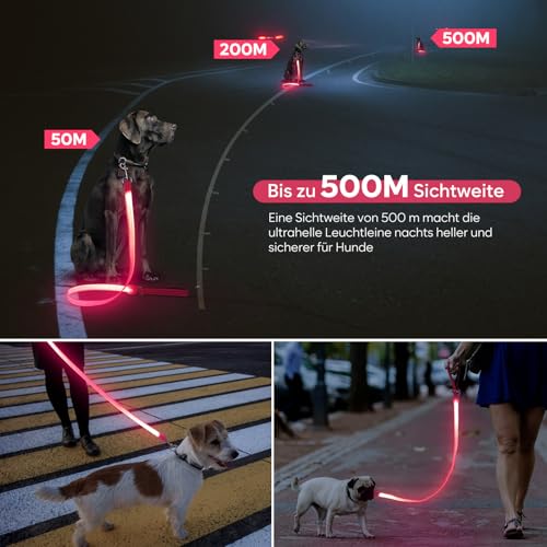 ChalkLit LED Hundeleine, Beleuchtete Hundeleine über USB Wiederaufladbar, 1,2 m, Weich Wasserdicht Reflektierend, für nächtliche Spaziergänge für große, mittelgroße Haustiere blinkende