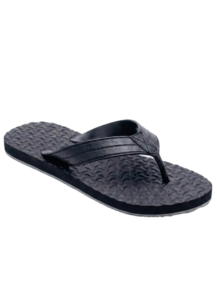 Men's Black Rubber Flip Flop Slippers, Chevron Textured Footbed, Thong Strap, Casual Beach Sandal, Classic Style-image-26
