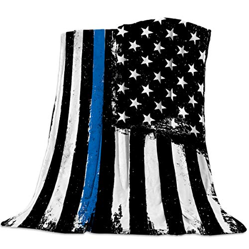 Cozy Warm Lightweight Throw Blankets, Soft Reversible Flannel Fleece Bed Throw Retro Glory Thin Blue Line American Flag Luxury Fuzzy Blankets for Adults Girls Kids Boys Dogs Couch, 50 W x 60 L