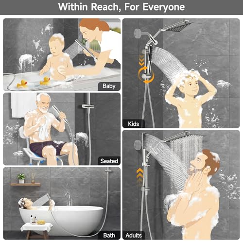 Image of Veken All Metal 10 inch Shower Head with Handheld, Luxurious Square Double Rain Shower Heads,Power Wash Wand,Dual High Pressure Detachable Rainfall Showerhead with Spray Combo,Extension Arm,Chrome,Sliver