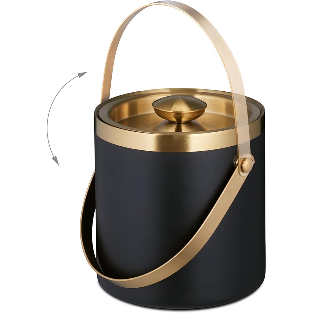 Cubitera para Hielo, Acero Inoxidable, Doble Pared, Cubitera con Tapa y Asa, 2 L, Cubitera para Hielo Negra y Dorada