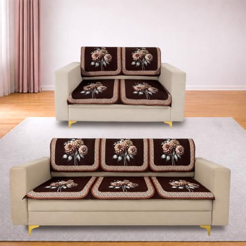 Image of Homerz 'Brooklyn Series' Premium Sofa Cover | Quilted Floral Design | Non-Slip Washable Sofa Protector | Soft Anti Slip Fabric (Brown, 5 (3+2) Seater, Seat Cover with Backrest)