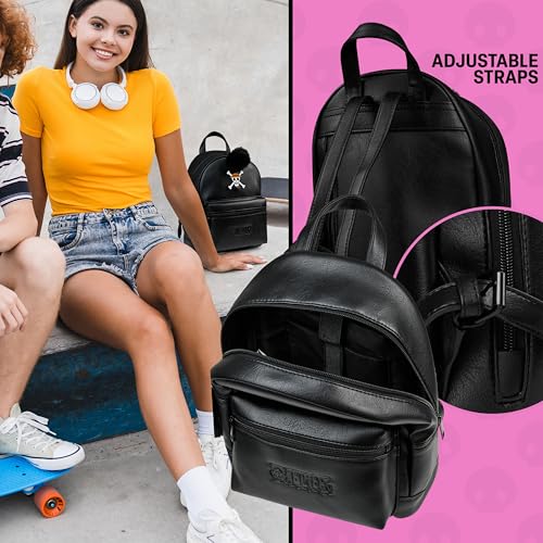 One Piece Mini Backpack for Women Teens Faux Leather Daypack, Small Rucksack, Anime Shoulder Bag with Pom Pom, Travel Gifts for Women 5