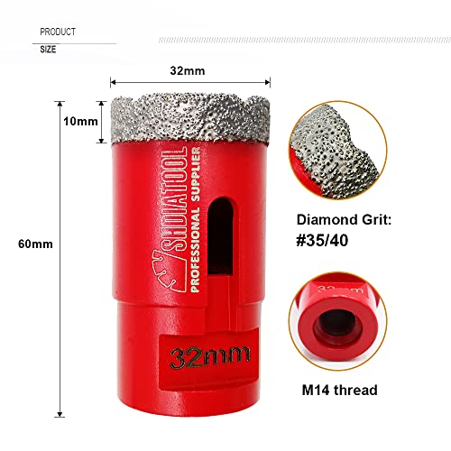 SHDIATOOL Diamond Core Drill Bit,Hole Saw Diameter 32mm 1-1/4" M14 Thread Vacuum Brazed for Concrete Granite Marble Porcelain Tile Masonry Brick,3PCS - Image 2